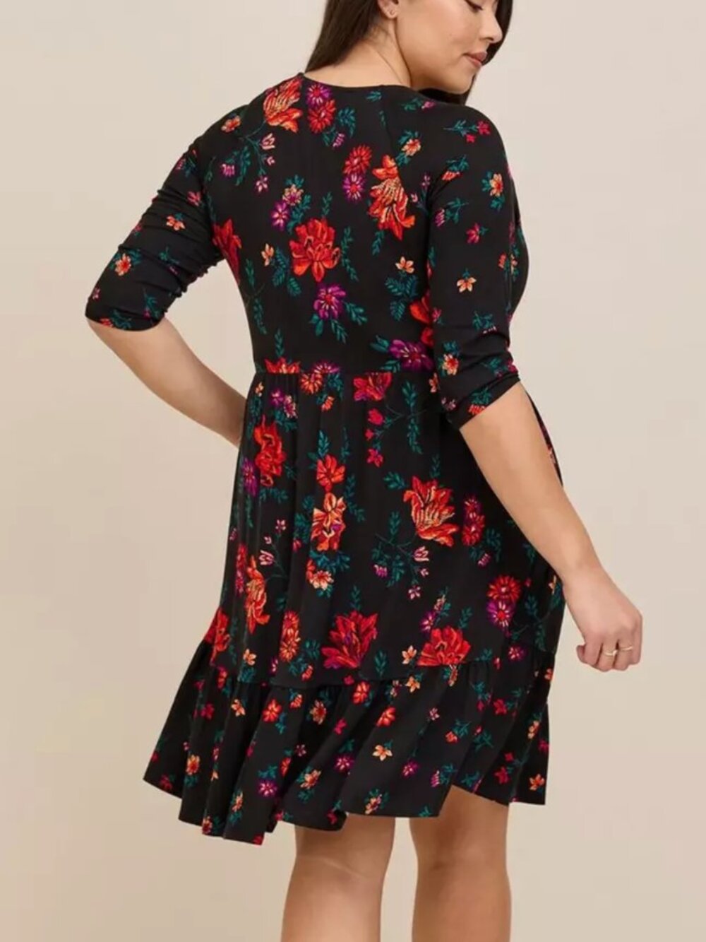 TORRID 2 Plus Size Mini Super Soft Skater Dress Black Red Teal Floral 3/4 Sleeve - Picture 3 of 16